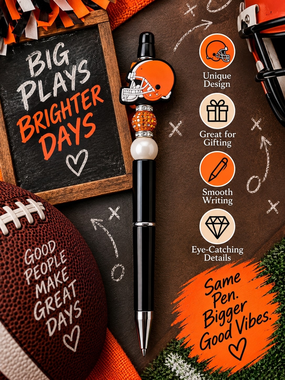 Handmade Black and Orange Football Charm Pen!!